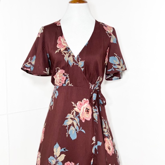 Show Me Your Mumu Floral Burgundy Brown Short Sleeve Mini Tie Waist Wrap Dress S - Picture 10 of 13